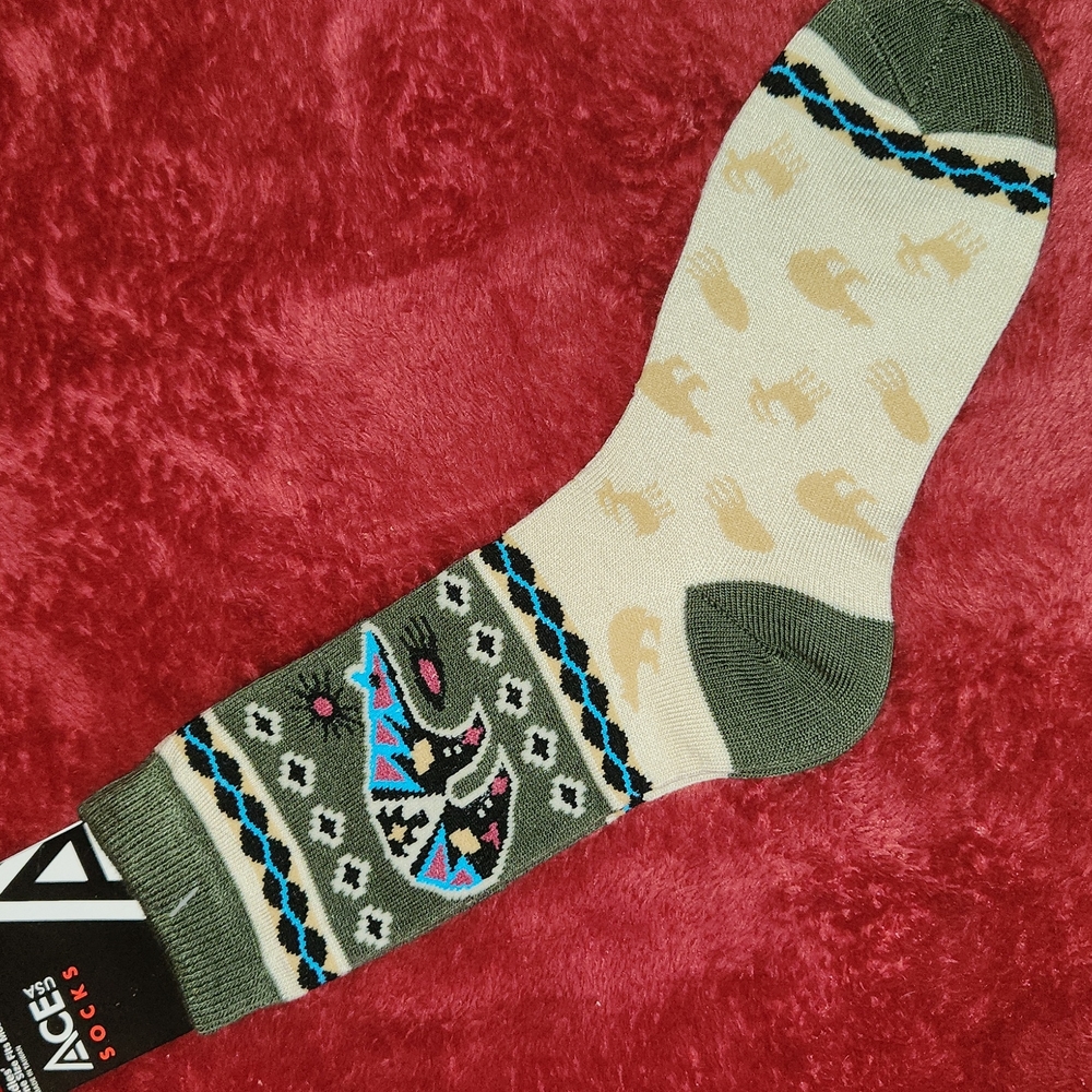 Women's Tribal Print Socks New Mexico Art Animal Print Cream and Grey
